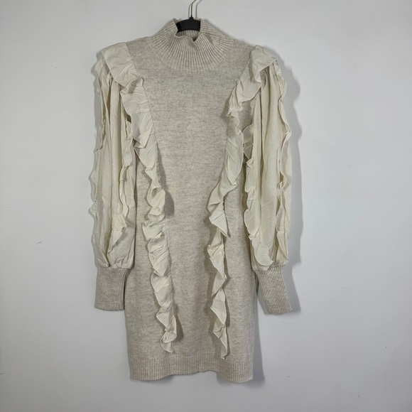 FIGARO Beige Sweater Long Sleeve Ruffle Knit Mini Dress  Quiet Luxury Size 2 - Picture 3 of 13